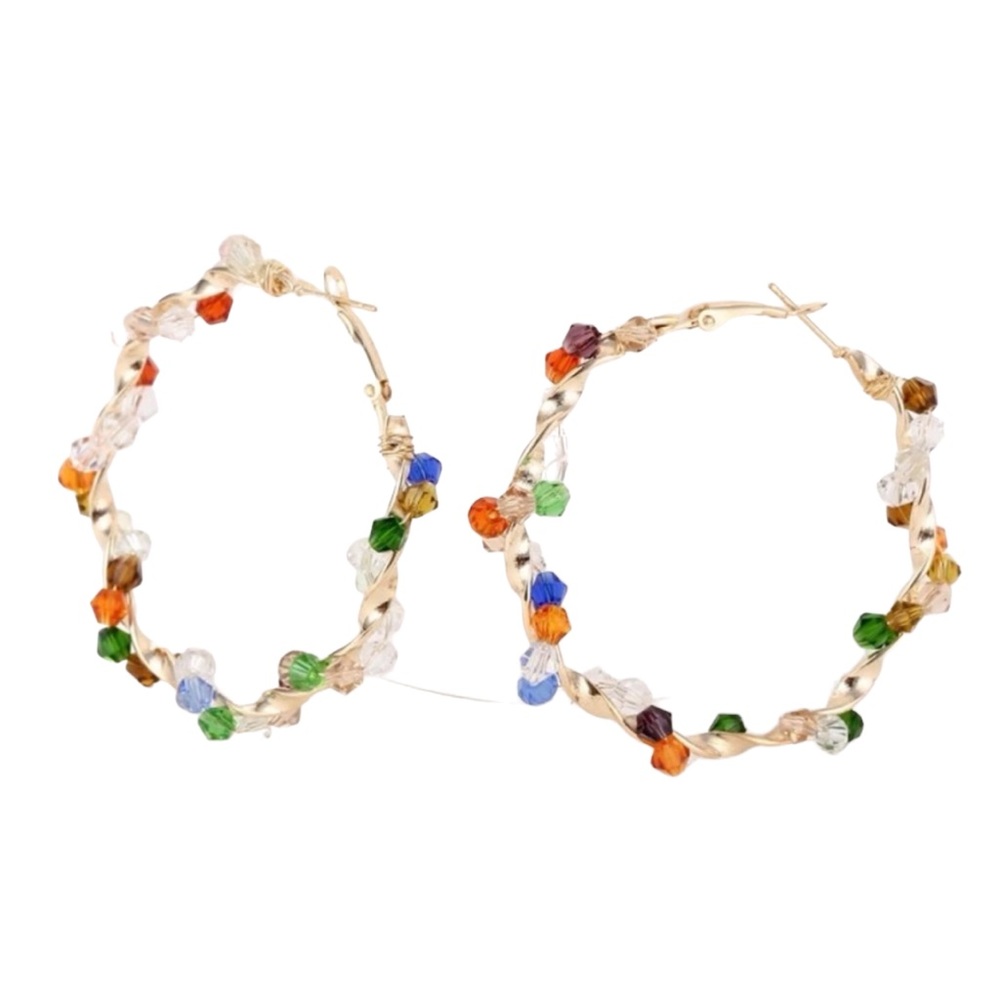 Beaded Twisted Gold Large Hoop Earrings